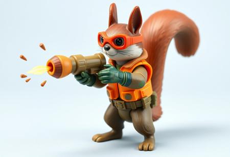 1990s-style action figure toy of an anthropomorphic squirrel dressed as a forest-themed nut defender superhero. The squirrel wears an orange utility vest, forest camo gloves, and goggles, holding a walnut-shell cannon that fires acorn projectiles and confetti nutrient bursts. Stylized accessories mini pumpkin grenades, and a belt of seeds. Bright colors, nostalgic aesthetic, detailed toy design, whimsical and heroic style, bold comic-book shading. Clean background. (No text). Isometric angle. 4:5 aspect ratio --v 5 --style 90s --ar 4:5