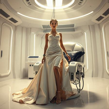 A slender, arrogant  rich norvegian bride, dressed in a luxurious, rich fantasy satin wedding gown with a fitted, boned corset and a full, flared skirt, paired with satin high heels, orgasm face, encased in beam of light from celling. The brainwashing temple electrode,  connected to a  futuristic superconputer rack. Her hands and ankles are bound to a biomechanical white chair, adorned with wet-look glossyblack slime  pillows, by massive steel restraints, accentuating her ultra-thin waist. she is drugged from standing drop counter with weird medicine. The scene is set in a sterile, empty chamber, with a glossy mother-of-pearl finish, evoking a sense of futuristic dread. Inspired by the cinematic styles of Ridley Scott, Guillermo del Toro, and H.R. Giger, with a blend of sci-fi and horror elements, this full-body portrait is a masterpiece of cinematic storytelling, shot on a virtual v-raptor XL camera, with a warm, film-grained aesthetic, subtle vignette, and rich color grading, reminiscent of 35mm film, with dramatic, atmospheric lighting, inviting the viewer to immerse themselves in this epic, stunning scene.