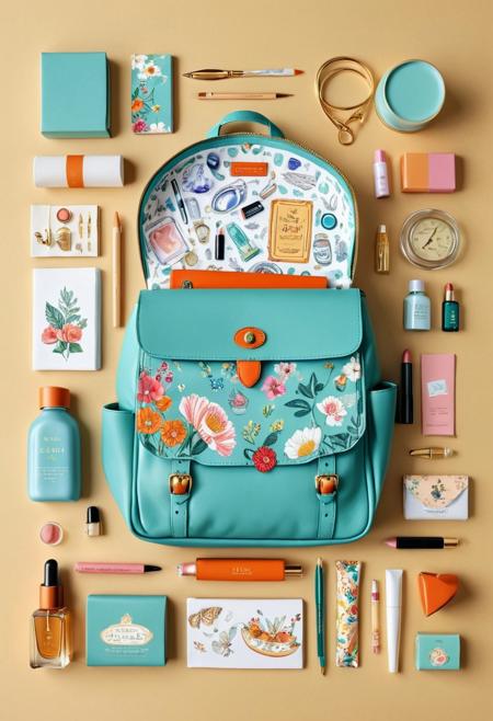 The knolling layout technique is utilized to create an illustration that depicts the contents of a lady's bag. This composition includes a variety of cute cosmetics, a notebook, stationery, a handkerchief, and a charming pouch, all artfully arranged and presented in a visually enticing manner.