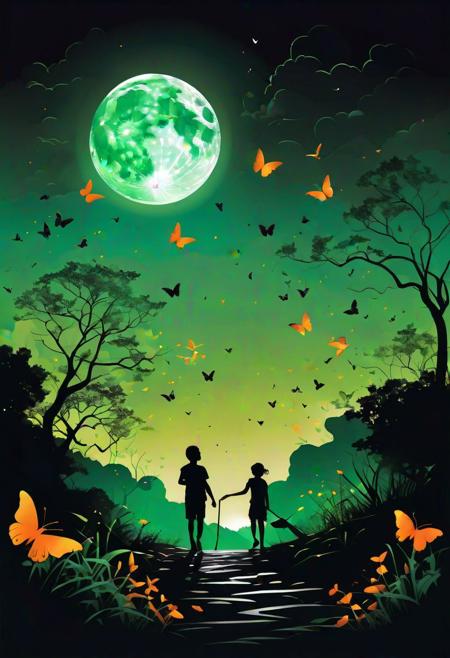 Black and white silhouette vector art, (Moonlit night:1.2), Kids playing in the distance, (Sweeping light:1.3), Flower-shaped glow, Butterflies in flight, (Vibrant green and orange accents:1.2), Noir art style, Dramatic composition, Intricate details, Enchanting atmosphere.