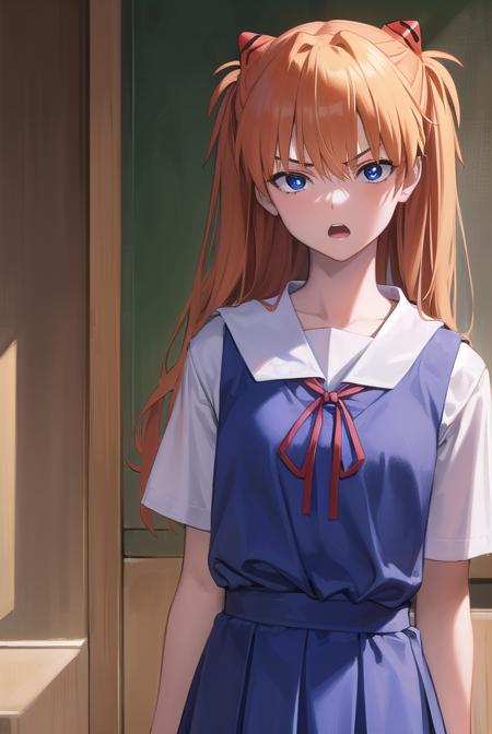 asukalangley, <lyco:asukalangleysouryuu-lyco-nochekaiser:1>,
asuka langley soryu, (souryuu asuka langley:1.5), blue eyes, hair between eyes, headgear, interface headset, orange hair, two side up, <lora:gekioko_v200:0.8>, angry, open mouth,
BREAK blue dress, collarbone, dress, neck ribbon, pinafore dress, red ribbon, ribbon, school uniform, shirt, short sleeves, (tokyo-3 middle school uniform:1.5), suspenders, suspender skirt, white shirt,
BREAK indoors, classroom,
BREAK looking at viewer, (cowboy shot:1.5),
BREAK <lora:GoodHands-beta2:1>, (masterpiece:1.2), best quality, high resolution, unity 8k wallpaper, (illustration:0.8), (beautiful detailed eyes:1.6), extremely detailed face, perfect lighting, extremely detailed CG, (perfect hands, perfect anatomy),