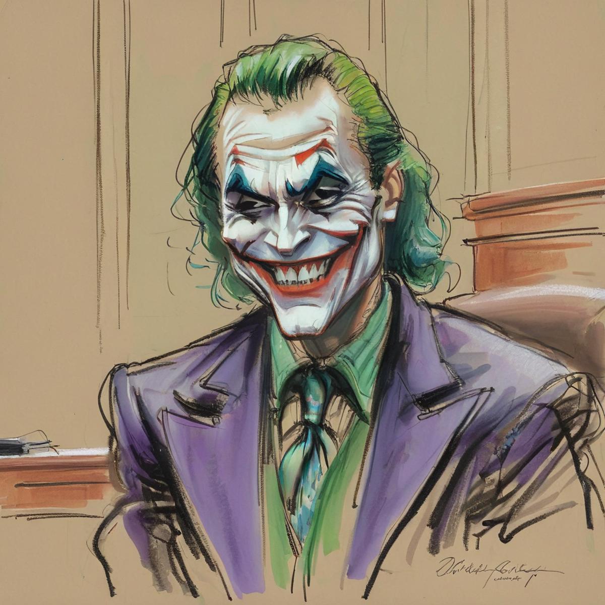 A drawing of the Joker in a purple suit and green tie.