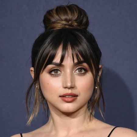 A cinematic professional photo of Ana de Armas in a SNL show, with bun and bangs, halfbody portrait, HD, 4K, high definition, detailed <lora:ana_xl_8dim-000012:1>