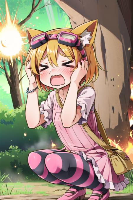 Cocoa 1girl, blonde hair, short hair, striped thighhighs, cat ears, pink dress, frills, puffy short sleeves, hair between eyes, red eyes, white shirt, bracelet, goggles on head, shoulder bag Cat bomb