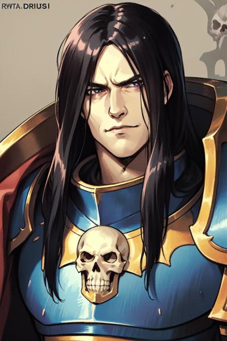 (anime), (illustration), cartoon, detailed,  kerzik, 1boy, solo, male focus, black hair, skull, long hair, shoulder armor, cape, pauldrons,   looking at viewer, closed mouth <lora:kerzik:0.55>