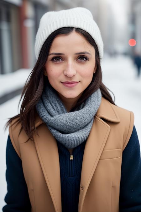 professional portrait photograph of (d4merd4sh:0.99), in winter clothing, beautiful face, cute natural makeup, freckles, wearing elegant winter fashion clothing, ((standing outside in snowy city street)), stunning modern urban upscale environment, ultra realistic, concept art, elegant, highly detailed, intricate, sharp focus, depth of field, f/1. 8, 85mm, medium shot, mid shot, (centered image composition), (professionally color graded), ((bright soft diffused light)), volumetric fog, trending on instagram, trending on tumblr, hdr 4k, 8k, (closeup portrait:1.2), (smile512:1.1)