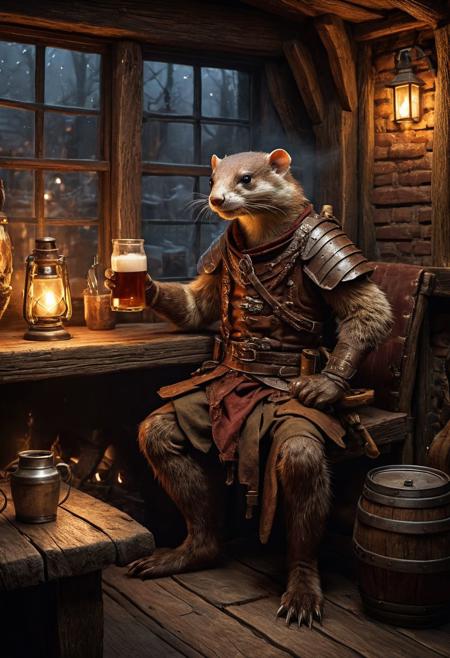 fantasy anthropomorphic a weasel warrior in dark tavern holding a pint of ale in a cozy environment with gas lamps rustic wood warm brick fireplace and frosted glass windows