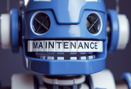 the image showcases a close up photo of a blue and white robot with x's for eyes with the word 'MAINTENANCE' displayed in the teeth of the robot