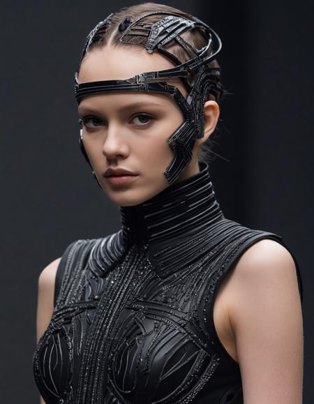 Techwear fashion <lora:Alexander McQueen-art deco-000005:1>,Alexander McQueen,art deco,dress,, hair, forehead, eyebrows, eyes, nose, lips, neck, collarbone, . Futuristic, cyberpunk, urban, tactical, sleek, dark, highly detailed