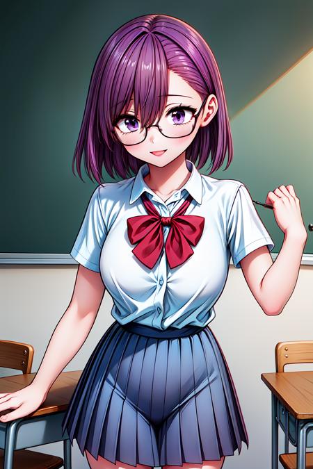 1girl, cowboy shot, classroom, smile, glasses, 
nitengojigen_ririsa, purple eyes, purple hair, short hair, bangs, school uniform, short sleeves, white shirt, pleated skirt, <lora:Nitengojigen_ririsa_lora_ver1:0.7>, best quality, masterpiece, highres, <lora:GoodHands-vanilla:1>