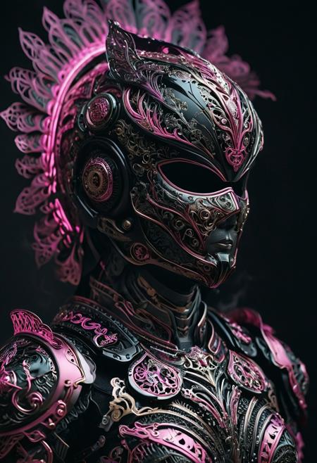 A photograph captures a futuristic armored figure donning a predominantly pink and black ensemble. The figure's face is concealed by a helmet, while the armor, intricately designed with numerous layers and patterns, envelops the entire body, including the torso, arms, and legs. Embedded within the armor are LED lights, which illuminate the scene. The smoke-filled background accentuates the figure, creating an impression of depth and isolation.