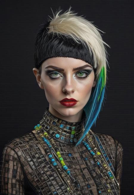 The image is a high-fashion photograph featuring a striking, avant-garde hairstyle and outfit. The subject is a woman with a very pale complexion and a striking, asymmetrical haircut. Her hair is platinum blonde and styled in a dramatic, avant-garde manner, with a bold, black fringe covering her eyes, creating a striking contrast against her pale skin. The fringe is styled to resemble a dramatic, avant-garde mask, adding to the mysterious and otherworldly appearance.
The image is a high-resolution photograph featuring a young woman standing against a plain white background. She has a slender, petite build and long, straight black hair cascading down her back. Her face is adorned with heavy makeup, including dark eyeliner and mascara, and a bold red lip color. She wears a black beanie hat that covers her forehead and part of her hair.
Her outfit is a gothic-inspired ensemble.
The image is a high-resolution photograph featuring a young woman with a striking appearance. She has a deep, rich brown skin tone and is adorned with vibrant, long, green and blue hair extensions styled in a wild, asymmetrical fashion. Her hair is adorned with small, colorful beads and accessories. She has a strong, confident demeanor, leaning on one elbow with her head resting on her hand, giving a contemplative expression.
She is dressed in a bold, eclectic outfit.