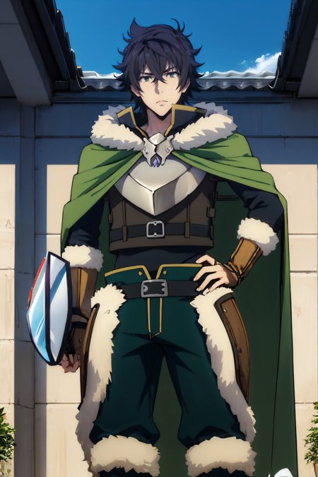iwatani naofumi fur trim armor green cape pants fingerless gloves