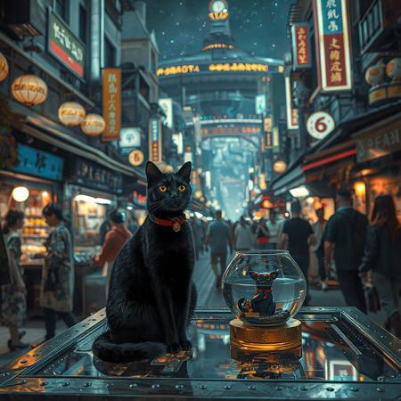 Setting is a futuristic cyberpunk street market at night, the market is comprised of street vendors selling robot parts, food, weapons, and robots.  (((((CLASSICALLY STYLIZED LIGHTING AND ARCHITECTURE FROM CHINA INDIA JAPAN FRANCE EGYPT ROME AND GREECE))))), A gold fish bowl is on the table with a cat-fish) People wearing futuristic cyberpunk clothing are walking through the street market shopping and eating, A sleek black cat with red collar sits on a cluttered metal riveted desk with transparent top and micro-LED lighted computer components visible inside, On the desk is an ebony and gold maneki neko statue and futuristic art deco lighting, (((a beautiful woman, 24 years old, is standing in the foreground FACING THE VIEWER, she has an expression of interested curiosity)))))), the sleek black cat with red collar is sitting on the desk and watching the people walking by in the busy street market, the woman is dressed in futuristic cyberpunk ECLECTIC style yukata with a low neck line alluring aesthetic. An enormous art deco inspired starship with futuristic lighting and an enormous space station are visible in the background among the stars, The woman's hair is elegantly tied up with a ribbon. Artistic cyberpunk, dynamic perspective, (((overall architectural aesthetic is Art Deco Cyberpunk))).  Epic image that elicits a feeling of wonder and awe,