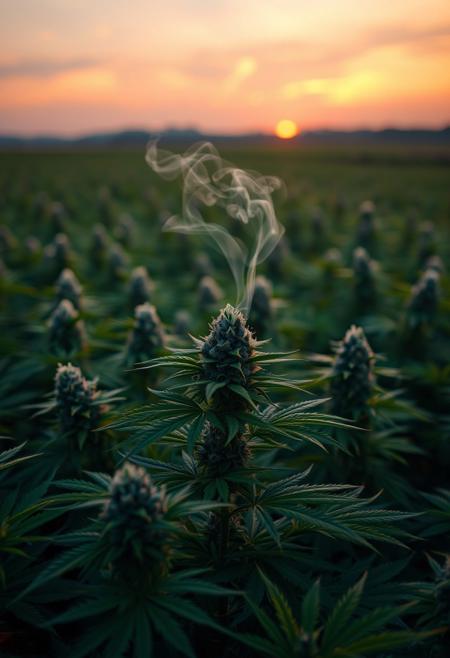 vibrant cannabis field, (lush green leaves:1.4), (sunset glow:1.2) casting warm light over the plants, (detailed textures:1.5), smoke swirling softly in the air, (cannabis buds:1.3) glistening with trichomes, peaceful and serene atmosphere, (natural light:1.4), wide field stretching into the distance, (colorful sky:1.2) with shades of pink and orange, (high-definition:1.6), (ultra-realistic textures:1.5), close-up details of cannabis plants, (soft focus in the background:1.2), modern, laid-back aesthetic, perfect for a cannabis culture feature, chill and relaxed vibe, (overexposed:-1.4), (unnatural colors:-1.5), (blurry:-1.6), (low-resolution:-1.7), (harsh lighting:-1.5), (distorted textures:-1.6)