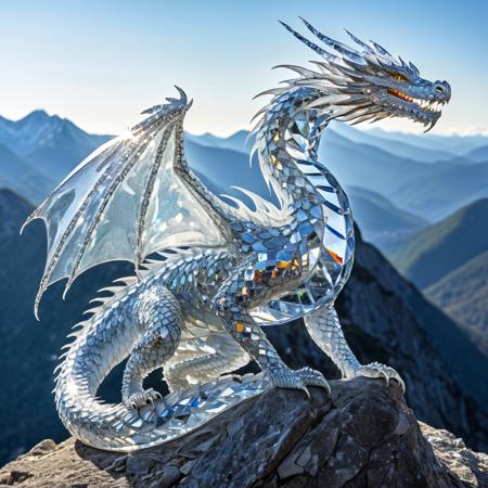 documentary photography of a majestic dragon, the entire body made of crystalized diamonds, long dragon body, charming pose, standing on massively crystal rich mountain, natural lighting, hyperrealistic, dazzling, translucent diamonds, refraction effects, reflection effects, sparkling dots, ultra-detailed, deep details, 4k quality, realistic textures, award winning photography