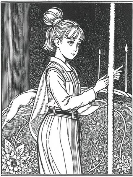 A girl,  <lora:Bilibin_BW:0.7>