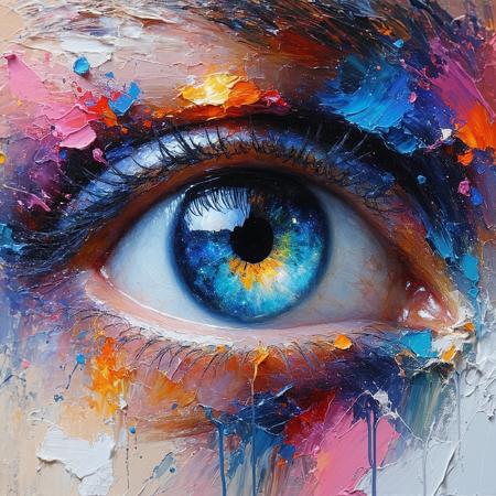 Hyperrealist painting fused with chaotic abstract expressionism, style of Chuck Close meets Jackson Pollock. Extreme close-up: A single eye reflecting a universe. The iris is a meticulously detailed galaxy swirl, hyper-realistic. Suddenly, this dissolves outwards into explosive splatters, drips, and chaotic strokes of vibrant, clashing neon paint (pinks, electric blues, acid greens) that obliterate the surrounding facial features. Sharp focus on the galactic iris contrasts violently with the pure gestural abstraction. Raw canvas texture visible beneath thick impasto paint. Atmosphere of controlled chaos, cosmic introspection shattering.