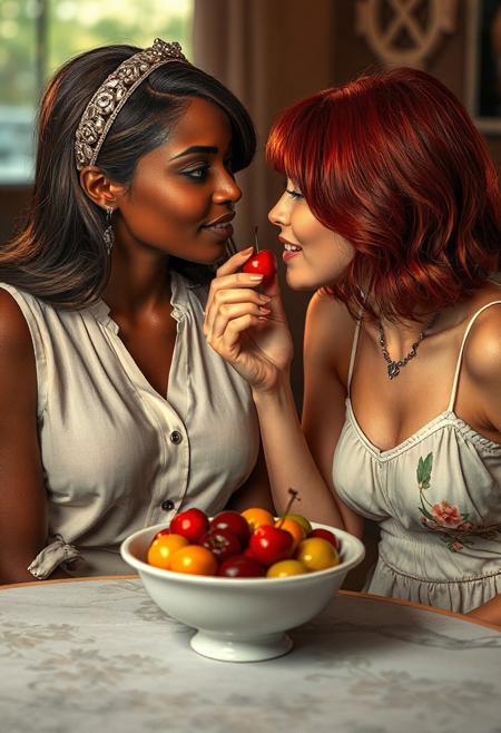 real life realistic, two beautiful women at a table, bowl of fruit between them, women looking in each other's eyes lovingly as one offers a cherry to the open mouth of the other woman.  One  hand is on the cheek of the other woman. one African American , one red-haired Irish. one small breasts, one large breasts. one sleeveless blouse and skirt, one sundress. one headband, one necklace. one bangs, one short hair.
score_9, score_8_up, very detailed, detailed eyes,  high detailed texture, realistic, photorealistic, perfect eyes, real life realistic, Expressiveh, Stable_Yogis_PDXL_Positives, midjourneylora, detailed background, dynamic angle, volumetric lighting, godrays, beautiful, small breasts, green eyes,