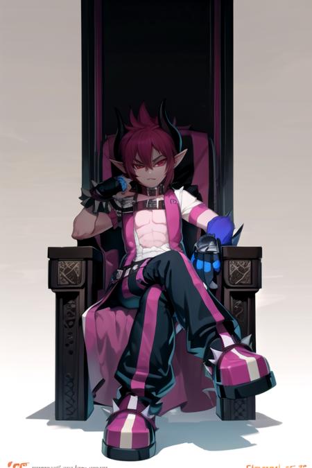 <lora:DioBurningCanyon-08:0.7> ,diogc, solo, gloves, 1boy, sitting, male focus, boots, horns, pointy ears, pants, fingerless gloves, pink eyes, collar, crossed legs, web address, spikes, throne