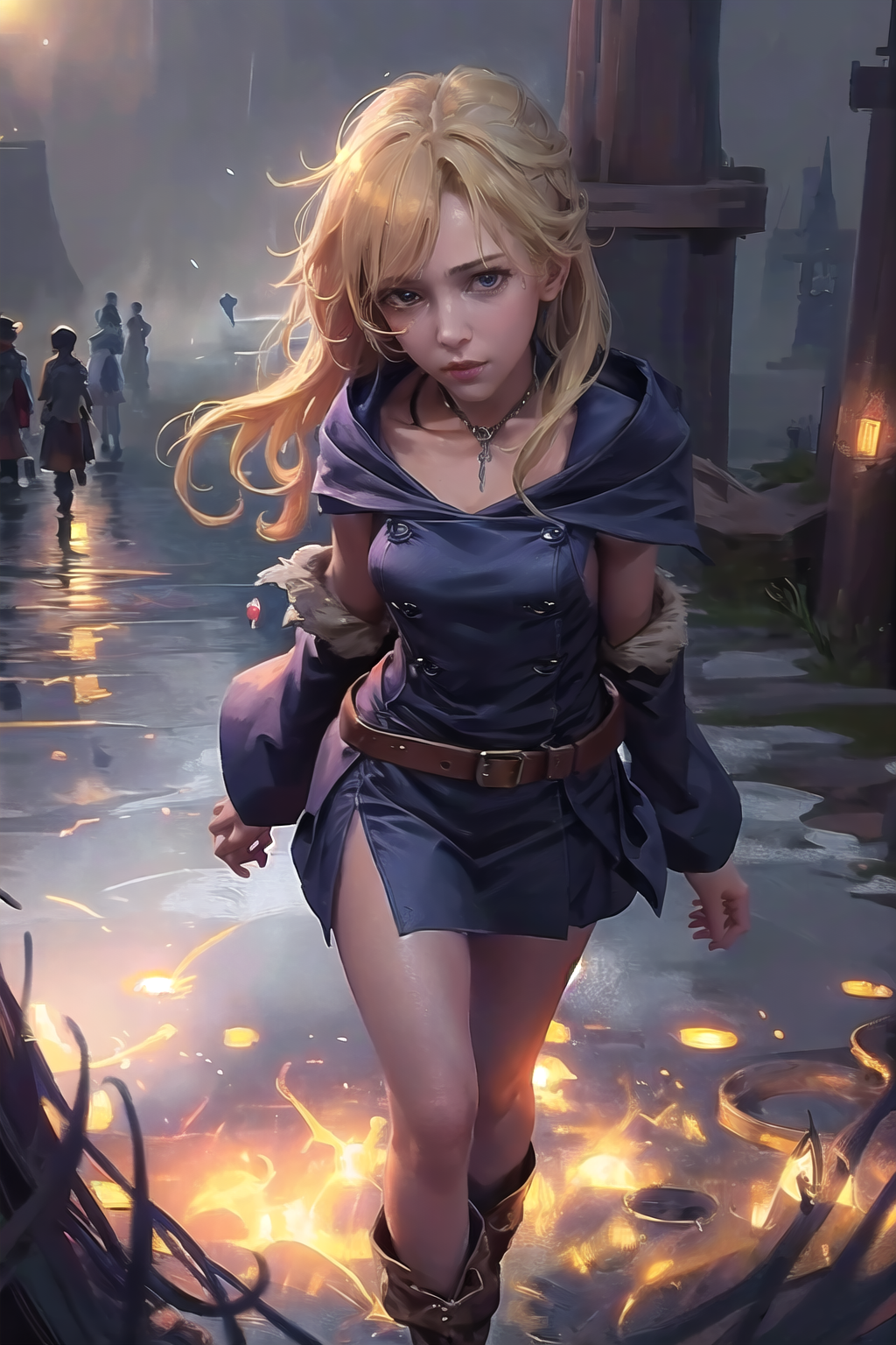 zrpgstyle medieval (pirate:1.2) blonde girl with navy blue coat belts straps pants standing on the docks in a (crowd of sa...