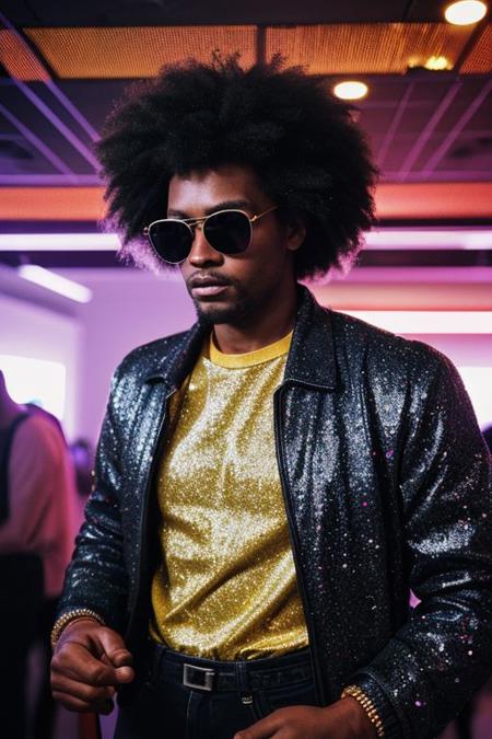 raw photo, upper body, disco, (80s, retro:1.1), dance floor, lasers, rainbow theme, a dancer man, 30 years old, sunglasses, big afro, (manly, wide jaw:1.2), dark skin, sparkly jacket, golden shirt, (vibrant colors:0.9), film grain, bokeh, fashion magazine, hdr, highly detailed photography, (muted colors, cinematic, dim colors, soothing tones:1.2), vibrant, insanely detailed, hyperdetailed, (dark shot:1.2), (vsco:0.3), (intricate details:0.9), (hdr, hyperdetailed:1.2)