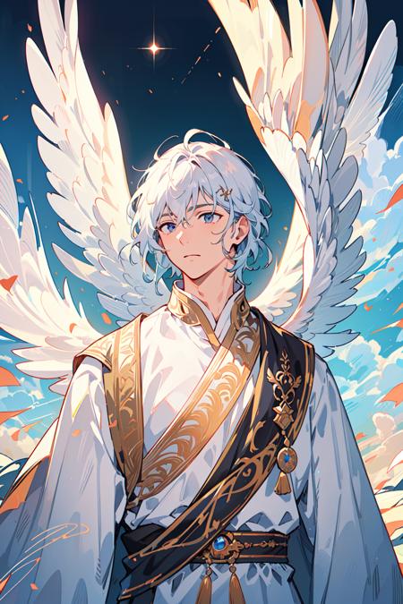 (masterpiece, best quality),1 male,solo,adult,handsome,tall muscular guy,broad shoulders,finely detailed eyes and detailed face,extremely detailed CG unity 8k wallpaper,intricate details,angelic messenger,feathered wings,celestial realm,divine messages,Grace,Purity,Compassion,