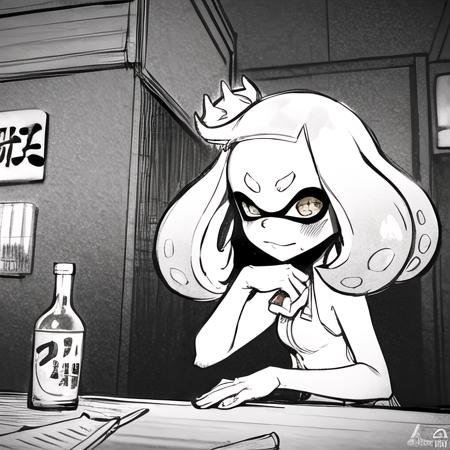 splatoon, pearl, run down 60s japanese bar, sad, alcohol, sketch illustration.