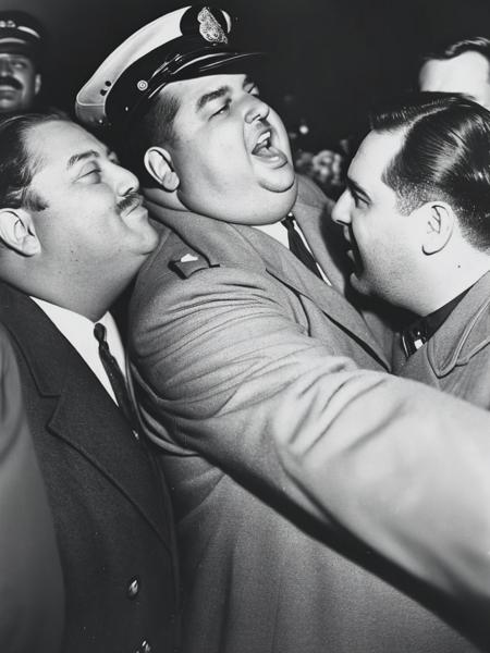 <lyco:Weegee:1.0> fat men kissing in a crowd photographed by weegee