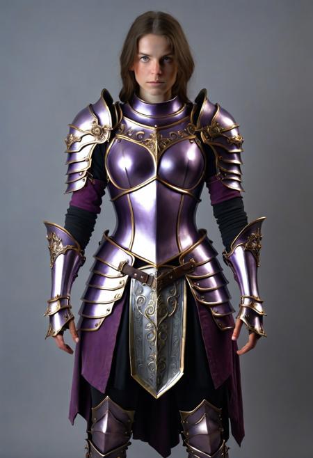 cinematic, photoshot, realistic, centered, frontal lower body view, hyper-realistic, detailed, pale-purpure polished metall DEMONISH style, breastplate knight's plate gauntlet skirt armor with geraldic purpure-ORNATE, simple gray background