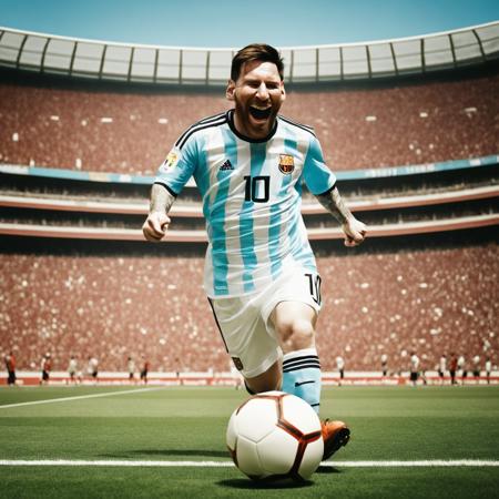 Looking up, Messi is stepping on the football on the court and celebrates his victory. yueminjun_V, closed eyes, close-up, white, laughed and said, face, very_short_hair