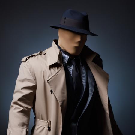 cinematic film still of  <lora:The Question:1>
In the The DC Comic Cinematic Animated Universe The Question a side view of a faceless woman in a hat and a dress,1girl,solo,breasts,large breasts,shirt,black hair,hat,jacket,striped,english text,black shirt,black headwear,striped shirt,fedora , a faceless masked vigilante, skin-imitating bandage mask, detective,customized trench coat outfit, comic book style, real, detailed, DCAU, Timmverse, unique mask, different mask, shallow depth of field, vignette, highly detailed, high budget, bokeh, cinemascope, moody, epic, gorgeous, film grain, grainy