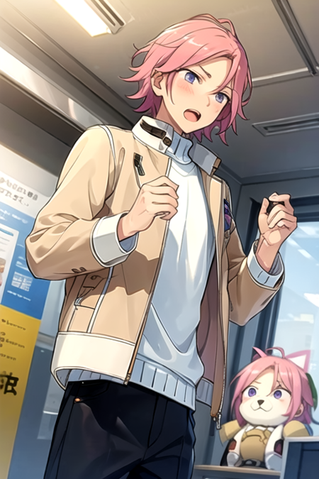 <lora:KohakuES-08:0.7>,kohakues, solo, blush, open mouth, 1boy, purple eyes, jacket, pink hair, male focus, sweater, stuffed toy, stuffed animal, train interior