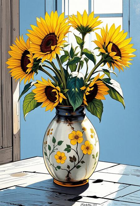 "A vibrant still-life painting of a rustic ceramic vase filled with fresh sunflowers. The golden petals glow warmly against a soft blue backdrop, with delicate green leaves and stems spilling gently over the vase’s edge. Sunlight streams through a nearby window, casting subtle shadows on a weathered wooden table. The vase has hand-painted floral patterns and cracks hinting at its age. Include a faint glimpse of a sunlit garden through the window. Style: Mix of realistic textures and impressionistic brushstrokes, evoking a cozy, timeless feel."
<lora:FLUX-daubrez-DB4RZ-v2:0.35> DB4RZ, DB4RZ style painting <lora:illustration004:0.8> illustration004 chaotic expressive line-art scribbled and erratic strokes monochromatic black ink <lora:Scribble Portrait Drawing:0.35> Drawing <lora:aidmaMJ6.1_v0.5_3:0.35> aidmamj6.1, aidmamj6, mystcorbCE_style