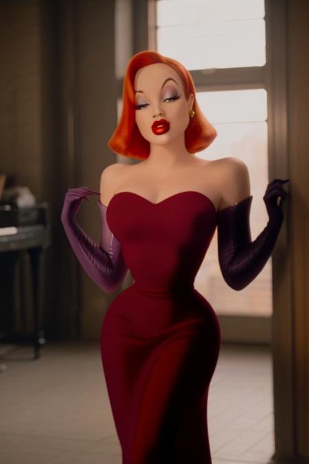 masterpiece, best quality, full body, <lora:character_jessica rabbit epoch 20 new setting:0.8> jessicarabbit, classic_movie, elbow gloves, hand on own chest, strapless, long floor-length shiny red dress, cleavage, makeup, lipstick, beautiful eyes, looking at viewer, stage, piano, neon lights, large breasts, sexy, nsfw, coherent face, highly detailed, fine details, perfect photo, 1940s vintage, cinematic still, screencap, cleavage, breasts, big breasts, gigantic breasts,