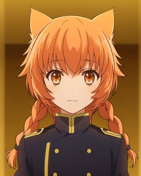 ((masterpiece)), (( best quality)), 1girl, solo, braid, twin braids, brown hair, uniform, orange hair, animal ears, cat ears, brown eyes, long hair, military uniform, military, looking at viewer, <lora:Ithea-lion8bit-noreg:0.7>,