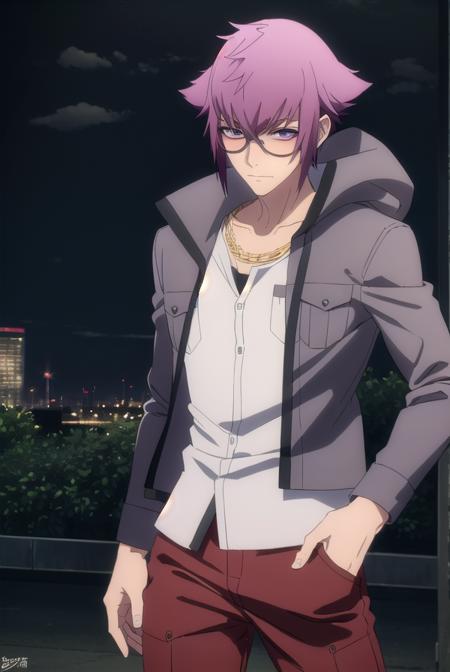 yuuyamirokuji, <lora:yuuya mirokuji s1-lora-nochekaiser:1>,
yuuya mirokuji, purple hair, male focus, sunglasses,
BREAK necklace, chain, jacket, grey jacket, pants, red pants, shirt, white shirt,
BREAK outdoor, city, night, sky, buildings, moon, clouds,
BREAK looking at viewer, (cowboy shot:1.5),
BREAK <lyco:GoodHands-beta2:1>, (masterpiece:1.2), best quality, high resolution, unity 8k wallpaper, (illustration:0.8), (beautiful detailed eyes:1.6), extremely detailed face, perfect lighting, extremely detailed CG, (perfect hands, perfect anatomy),