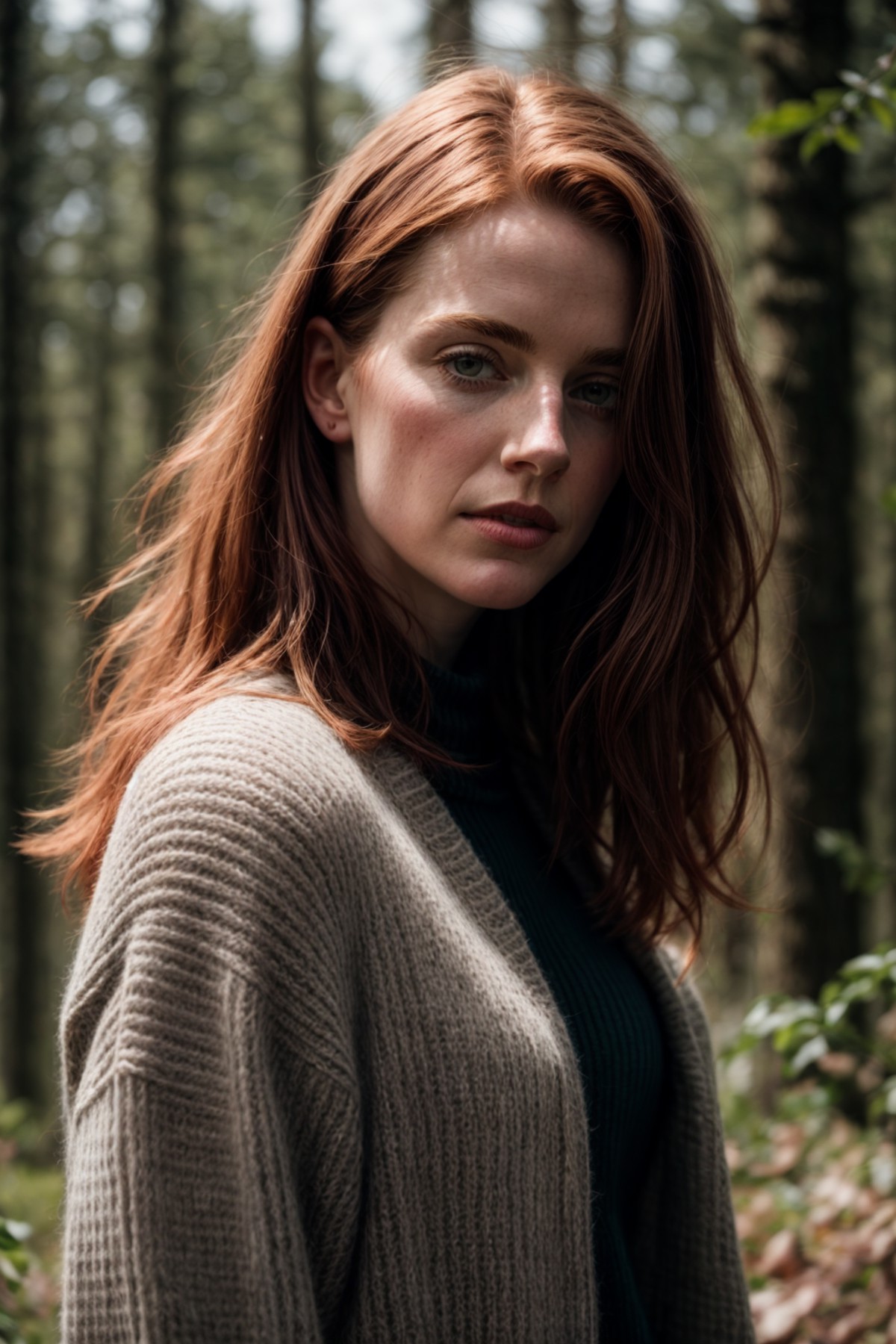 RAW photo of Muirgheal MacCarrick with sweater, red hair, Photorealistic, Hyperrealistic, Hyperdetailed, low cut, detailed...