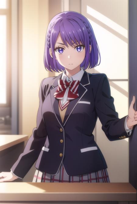 neneodagiri, <lora:nene odagiri s1-lora-nochekaiser:1>,
nene odagiri, short hair, (purple eyes:1.1), purple hair, braid,
BREAK skirt, bow, school uniform, jacket, pleated skirt, plaid, plaid skirt, blazer,
BREAK indoors, classroom,
BREAK looking at viewer,
BREAK <lyco:GoodHands-beta2:1>, (masterpiece:1.2), best quality, high resolution, unity 8k wallpaper, (illustration:0.8), (beautiful detailed eyes:1.6), extremely detailed face, perfect lighting, extremely detailed CG, (perfect hands, perfect anatomy),