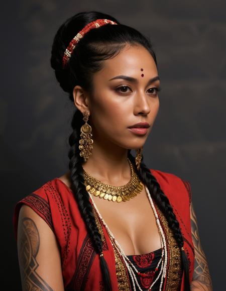 A photo-realistic shoot from a portrait camera angle about a woman with intricate tribal tattoos wearing a colorful outfit, standing confidently in the middle of the image. the woman, who appears to be a young adult with dark skin, is wearing a red and black patterned shawl draped over her shoulders. she has long braided black hair and is adorned with gold earrings and a silver necklace. her body is slim and she has large breasts. she is looking directly at the camera with a neutral expression. her hands are resting on her hips, and she is standing in front of a dark, textured wall with a subtle pattern. the lighting is soft and warm, casting gentle shadows on her body. the background is a textured, dark brown wall with subtle patterns. the image is high quality and well-lit, focusing on the woman's striking features and intricate designs on her outfit.