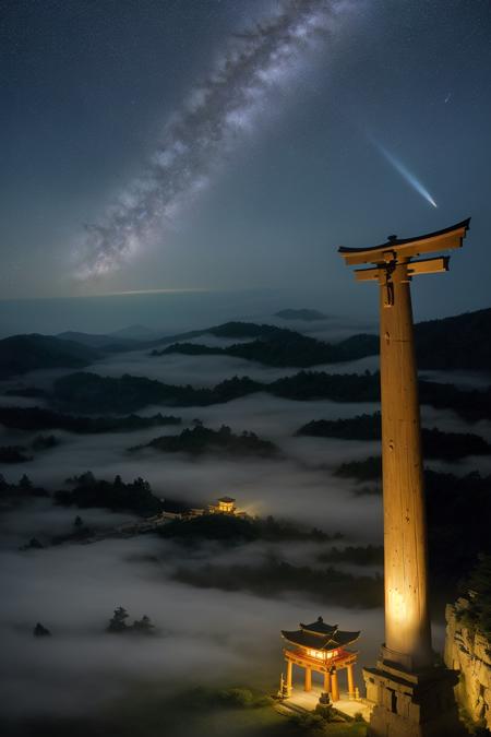 (masterpiece), (best quality), ultra-realistic Japanese countryside at night, a sacred torii gate on a hilltop, Halleyâs Comet streaking across the starry sky, comet tail glowing bright blue and white, ancient stone lanterns lit with soft firelight, serene atmosphere, fog rising from the valley, detailed textures, magical and cinematic, photorealistic PixCReal style