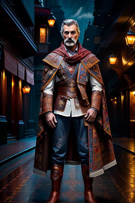 a detailed (full body:1.2) from side, (from distance:1.3) photography of a man, colorful patches, billowing gleeman cloak, red pants, white shirt, boots, (symbols, musical notes on patches, intricate needlework:1), mustache
realism, dynamic shadows, uhd, 8k, modelshoot style,
night, darkness
in  victorian city  <lora:Thom Merrilin_g2_e1_09:0.9> <lora:LoconLoraOffsetNoise_locon0501:1.0>