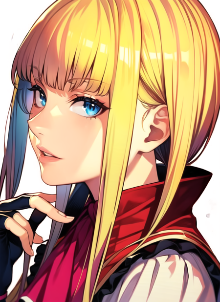 hungry clicker, 1girl, ascot, blonde hair, blue eyes, blunt bangs, fingerless gloves, from side, hime cut, looking at viewer, parted lips, portrait, red ascot, sidelocks, simple background, solo, white background, ((masterpiece)) <lora:hungry_clicker_offset:1.2>