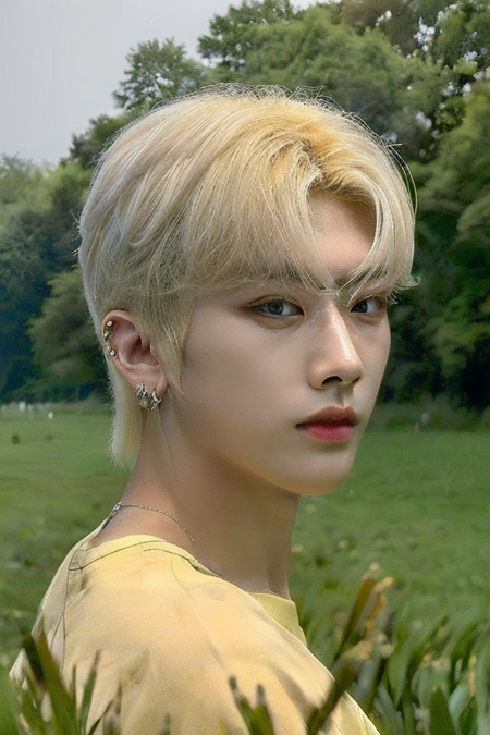 (1boy, male focus:1.5),solo, lean, close-up, parted bangs, photorealistic,realistic, solo, short hair,` photorealistic, best quality, ultra high res, blonde hair, wearing a yellow t-shirt, breeze blowing through the grass, beautiful, masterpiece, best quality, extremely detailed face, perfect lighting, best quality, ultra high res, photorealistic, ultra detailed, masterpiece, best quality,