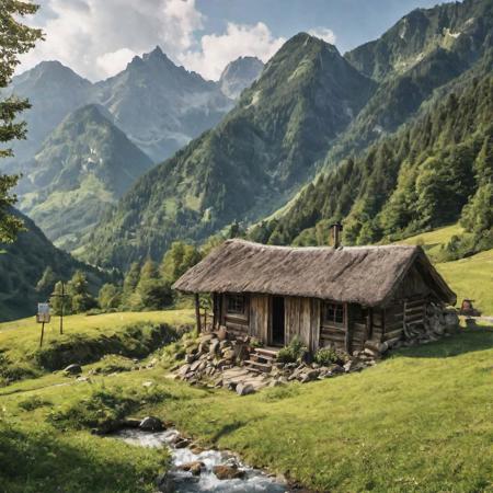 Idyllic remote hermit hut, barrel of water by the bulding, with a beautiful perfect expansive view on a mountain, a mix of old Asian and German architecture, very high resolution, ultra 12k