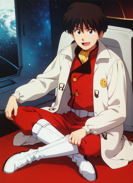 irrtylor 1990s (style), retro artstyle white coat, badge, military uniform, ascot, belt, red pants boots, white footwear