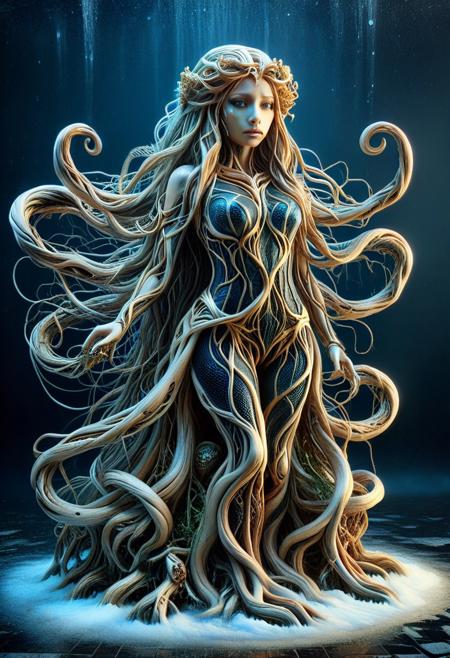 masterpiece, absurdres, best quality, amazing quality, ultra-detailed, newest, extremely detailed, very aesthetic, 
rating_safe, source_anime, 
BREAK, 
1girl, medusa, beautiful Medusa, a Gorgon, long hair, serpentine hair, snake hair, each snake with glowing eyes, 
hair made of tree, hair made of PG-TR, PG-TR, 
spiderweb, cobweb, 
golden eyes, glowing eyes, alluring and menacing, crown of serpents, 
see-through body, slime body, 
dress, qu4ntum dress, qu4ntum, silver circuits, exhaust pipe, black and gold pipe, digital circuits, 
circuits made of golden and blue and red and yellow and purple lightning thunder trails, 
tattered gown made from dark mystical fabrics, 
pale skin, marble-like hue, shimmering in the moonlight, 
hydrokinesis, 
Around her, statues of former victims stand frozen in place, and the air is thick with an ominous aura. 
from below,
