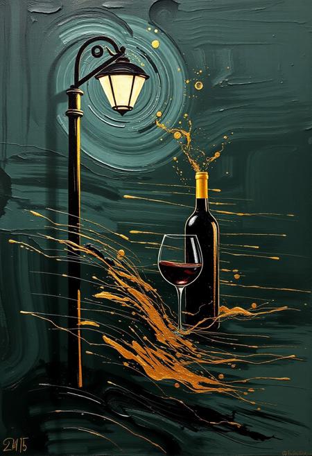 A hyper-stylistic, extremely detailed image depicts a breathtaking painting, crafted from a combination of smeared greyish green, black and gold metallic paint. A wine bottle and glass of wine is next to a lone street light at night is captured in a streaked motion, as if it is moving rapidly in one direction. The black paint is applied in bold, dynamic strokes, creating a sense of energy and movement that is contrasted beautifully by the golden accents. The gold paint is used to highlight the figure and street lights features, adding a sense of depth and dimensionality to the image. The overall effect is one of breathtaking, surreal dynamism, as if the viewer has captured a fleeting moment in time. Every detail of the image is meticulously crafted, from the delicate, swirling patterns of the gold paint to the intricate, textured patterns of the black paint. The contrasts between light and dark, color and texture, create a sense of tension and energy that draws the viewer in, inviting them to explore the kinetic world of the painting. highest-Quality, intricate details, visually stunning, Masterpiece