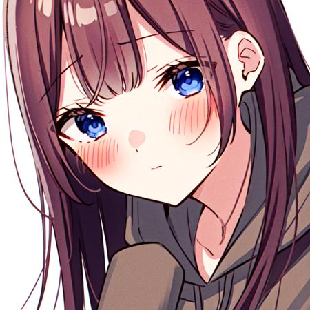 masterpiece, best quality,<lora:WakaSakuraba:0.8>, waka sakuraba, 1girl, solo, long hair, looking at viewer, blush, bangs, blue eyes, simple background, brown hair, long sleeves, white background, closed mouth, upper body, heart, hood, sleeves past wrists, hoodie, hood down, spoken heart, brown hoodie