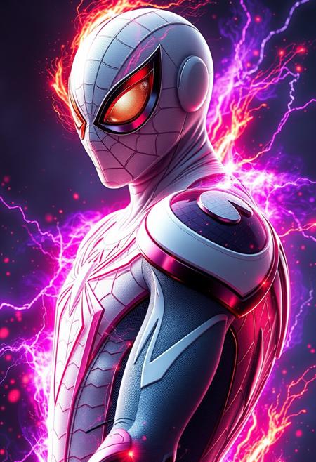 Spider man 2099 white costume, has Fire and electric powers and lots of purple sparks, dinamic, red logo spider, concept, realistic, high resolution, 4k, head and shoulders portrait, 8k resolution concept art portrait by Greg Rutkowski, Artgerm, WLOP, Alphonse Mucha dynamic lighting hyperdetailed intricately detailed Splash art trending on Artstation triadic colors Unreal Engine 5 volumetric lighting
